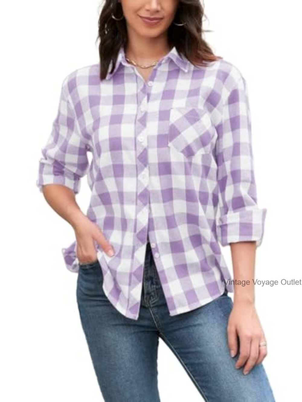 Flannel Cotton Button Down Shirt Long Sleeve Plaid Women